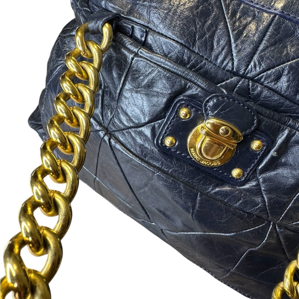 👜‎ Marc Jacobs Patchwork ‘Gennifer’ Navy Leather Chain Shoulder Bag XL Tote 👜 - Picture 4 of 16